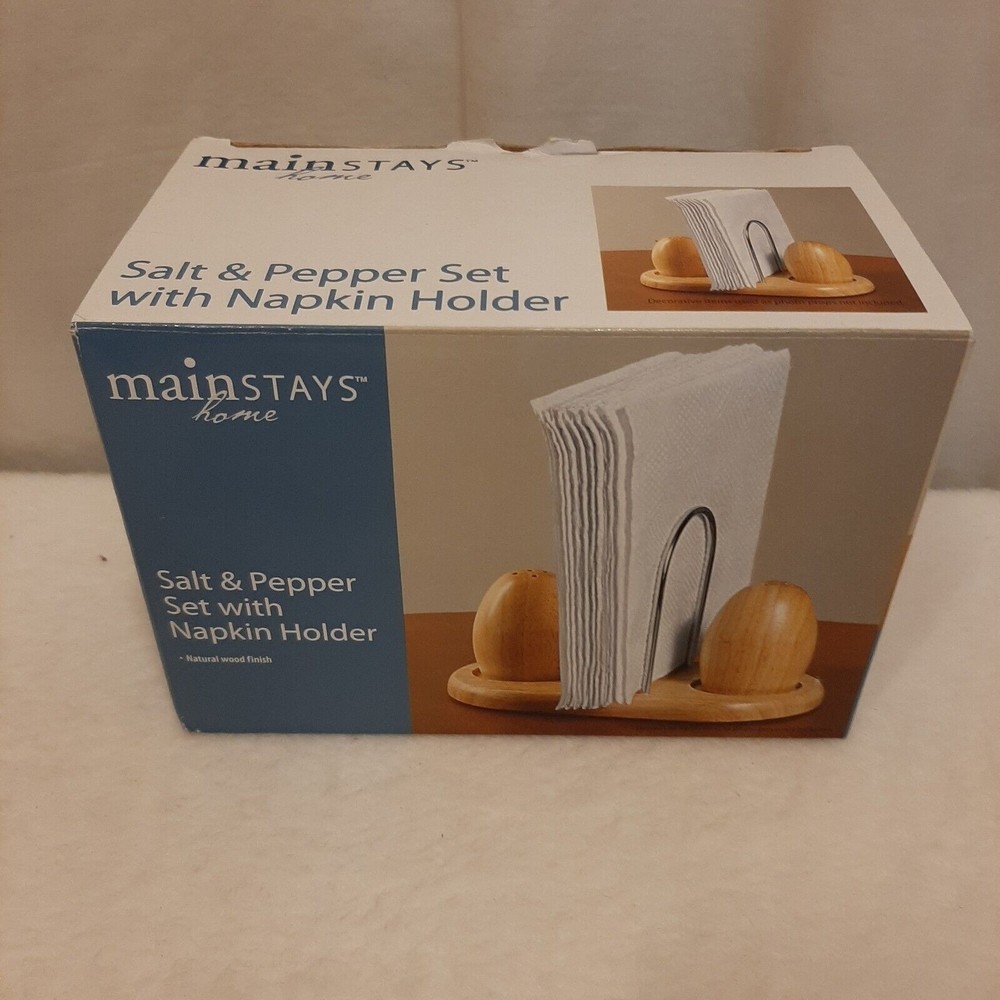 Mainstays Walmart Wooden Salt & Pepper Shakers And Metal Napkin Holder Combo NIB